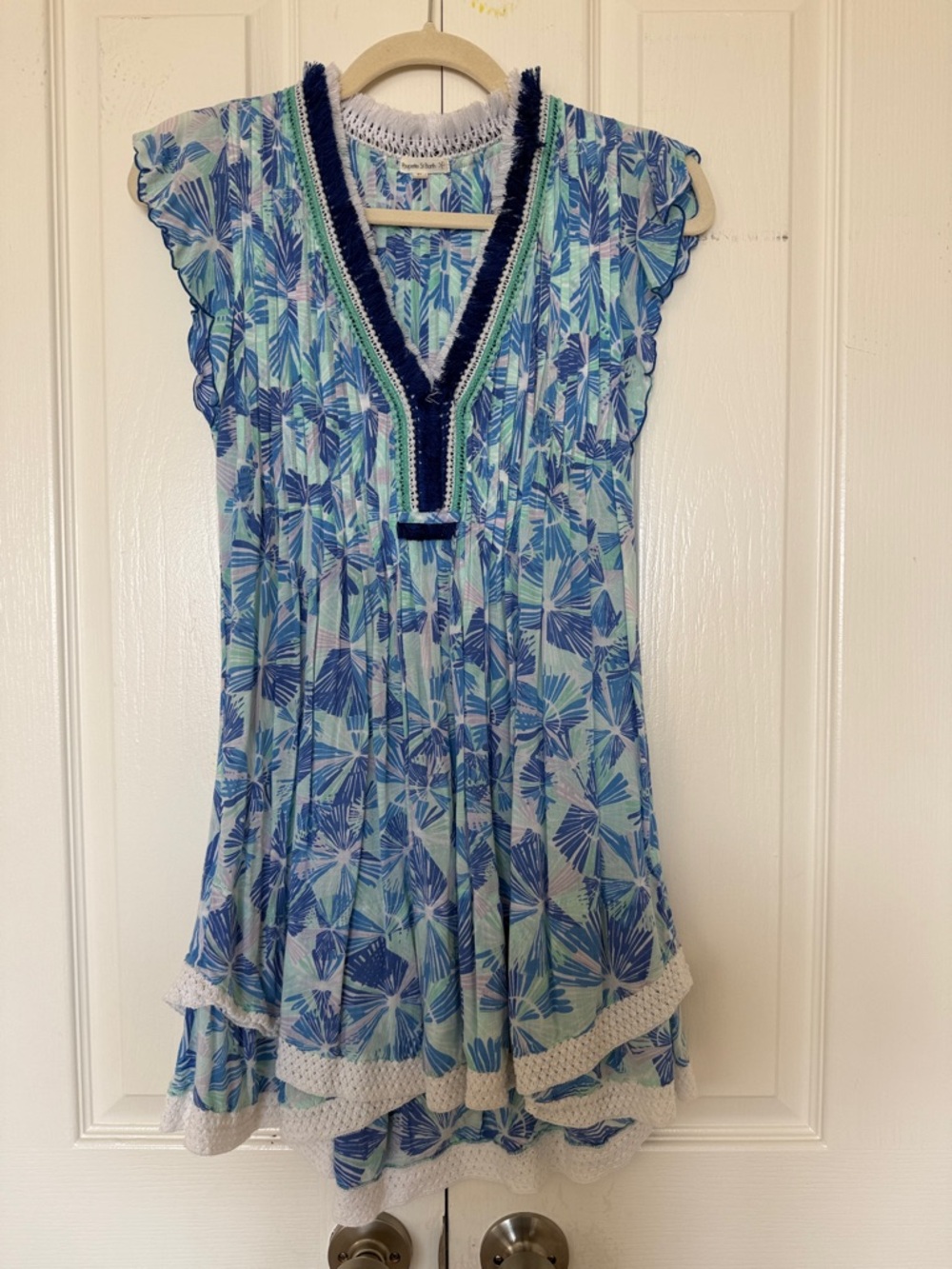 Poupette St. Barth Blue & Green Printed Flutter Sleeve Dress